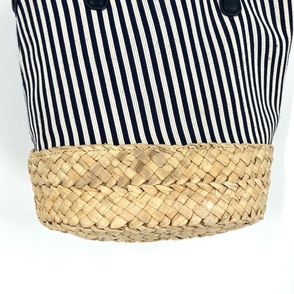 Talbots Navy Striped Canvas Corn Husk Straw Woven Bucket Bag Shoulder Purse - Picture 3 of 16